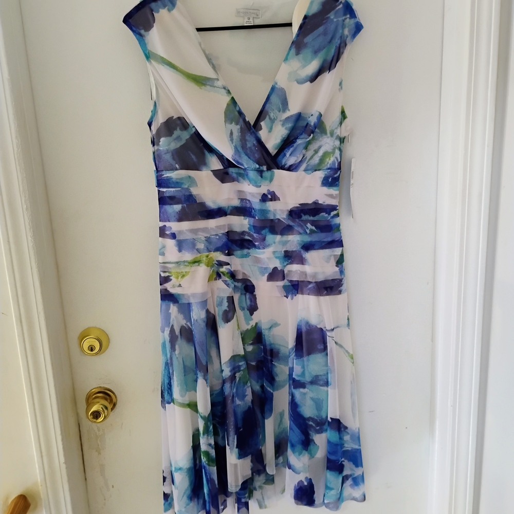 London Times White Midi Dress with Blue and Green Watercolor Print